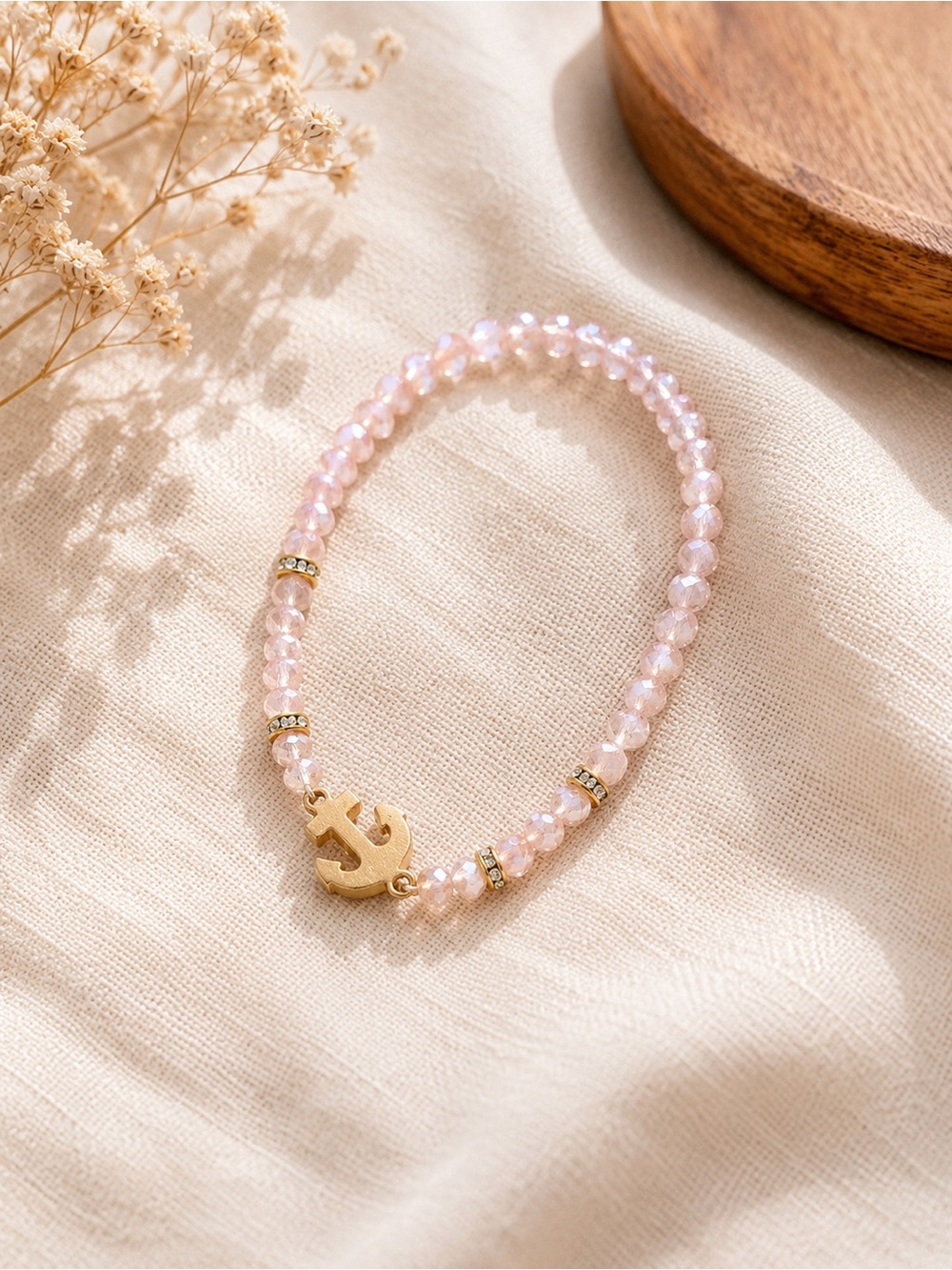 Gold Anchor Pink Beaded Bracelet
